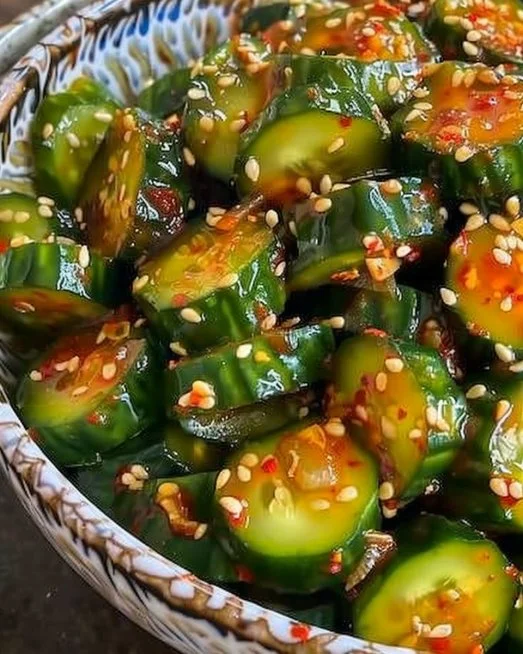 Korean Cucumber Salad (Oi Muchim) 2 Korean Cucumber Salad (Oi Muchim) served in a bowl garnished with sesame seeds.