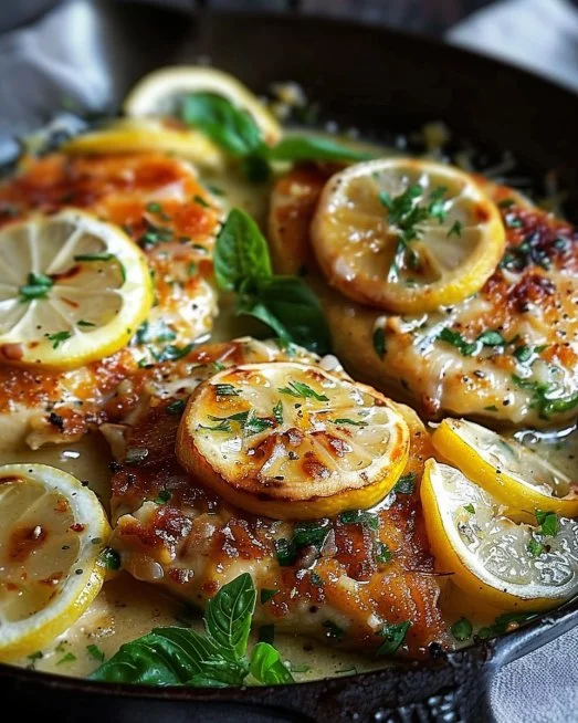 Delicious Lemon Chicken Romano served with fresh herbs and lemon slices.