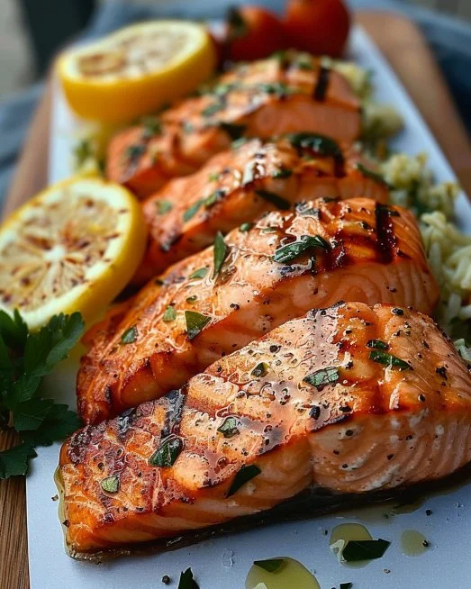 Lemon grilled salmon on a plate with fresh herbs and lemon slices