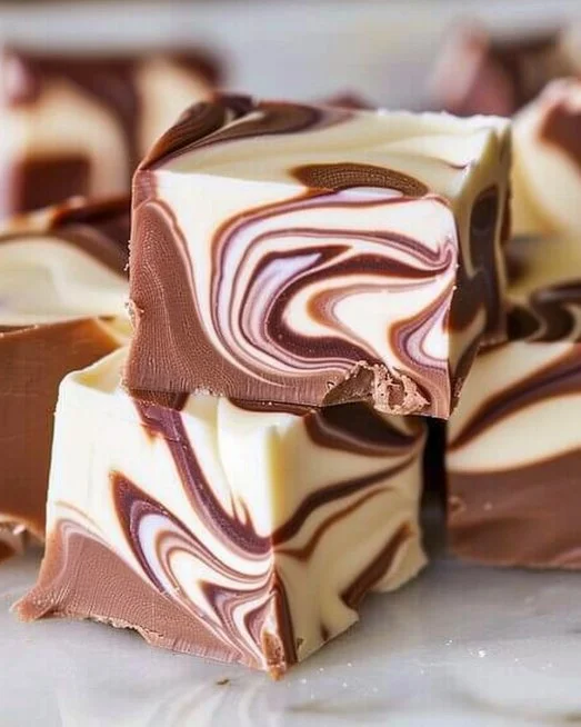 Marshmallow Swirl Fudge 2 Delicious marshmallow swirl fudge with creamy textures and swirl patterns.