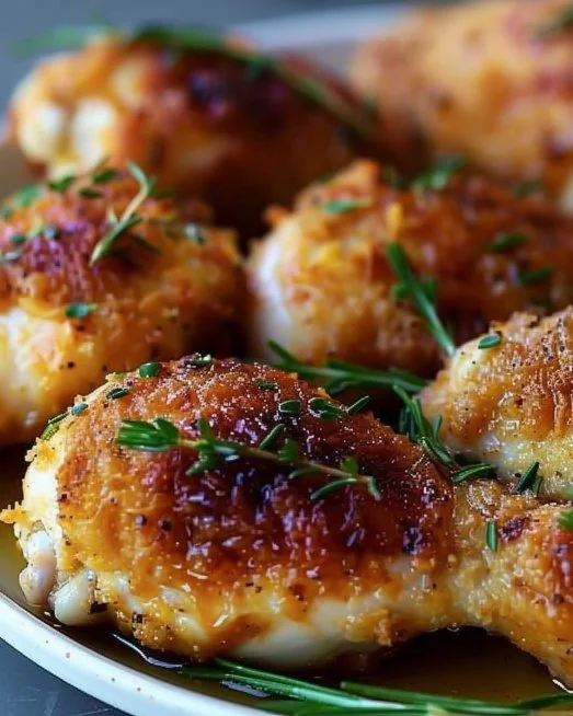 Plate of melt-in-your-mouth chicken served with herbs and side dishes