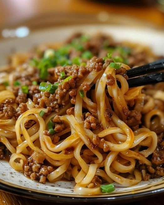 Mongolian Ground Beef Noodles 2 Mongolian Ground Beef Noodles served in a bowl with fresh vegetables.