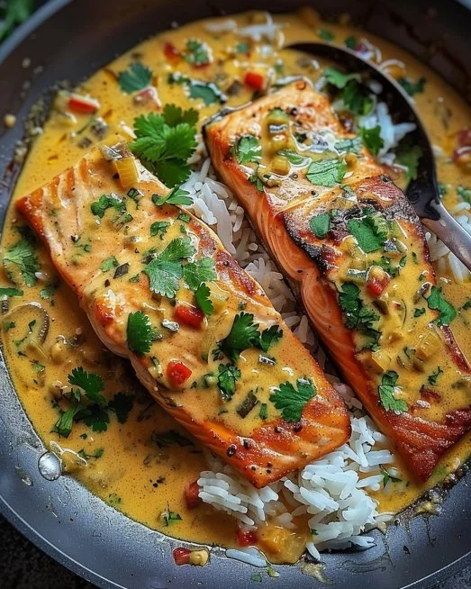 One-Pan Coconut Curry Salmon 2 One-Pan Coconut Curry Salmon dish served with vibrant vegetables