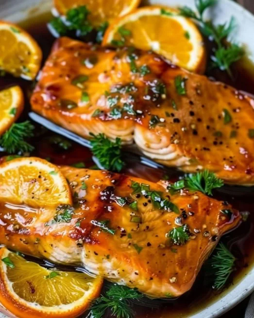 Orange Glazed Salmon 2 Plate of orange glazed salmon garnished with herbs and citrus slices.