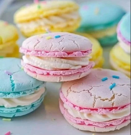 Pastel sugar cookie sandwiches filled with colorful frosting