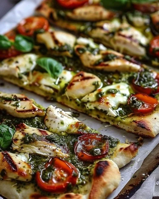 Pesto chicken flatbread topped with fresh basil and mozzarella cheese