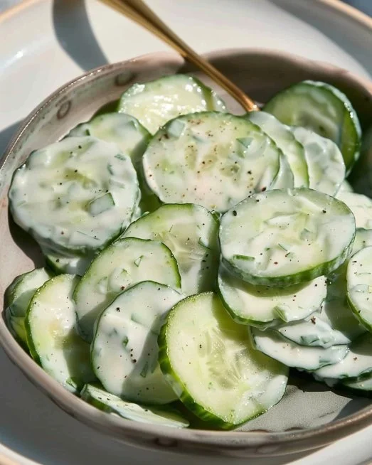 Polish Cucumber Salad 2 Fresh Polish cucumber salad with herbs and dressing served in a bowl.