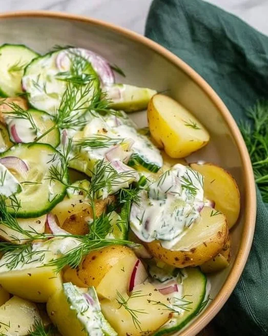 Potato and Cucumber Salad with Creamy Dill Dressing 2 Creamy Dill Dressing on Potato Cucumber Salad with fresh ingredients
