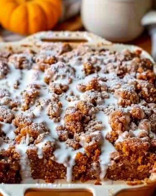 Pumpkin Coffee Cake 2 Delicious pumpkin coffee cake topped with a sugary glaze and spices.
