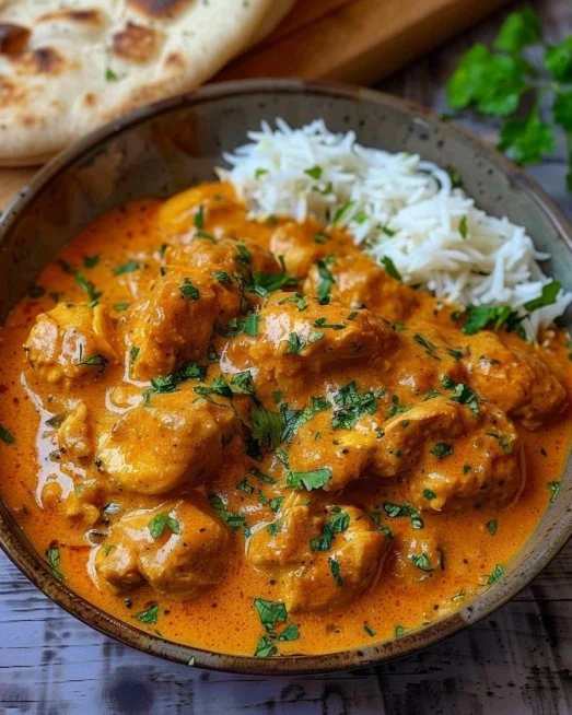 Delicious homemade butter chicken served with rice and garnished with coriander.