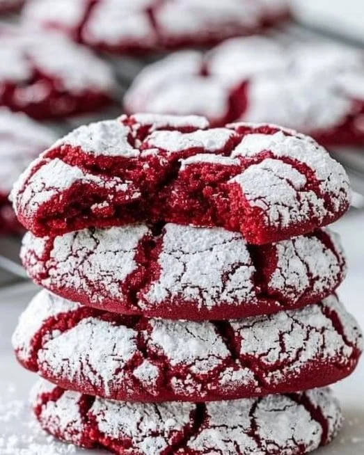 Red Velvet Crinkle Cookies 2 Freshly baked Red Velvet Crinkle Cookies on a cooling rack.