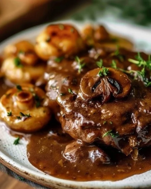 Homemade Salisbury steak served with gravy and mashed potatoes.