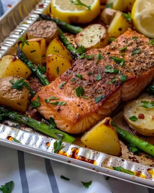 Salmon, Potato, and Asparagus Sheet Pan Meal 2 Salmon, potato, and asparagus sheet pan meal ready to serve.