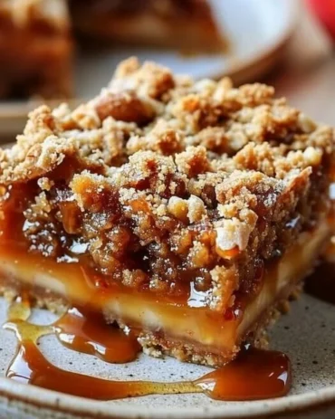 Salted Caramel Apple Crumble Bars with apple slices and caramel drizzle