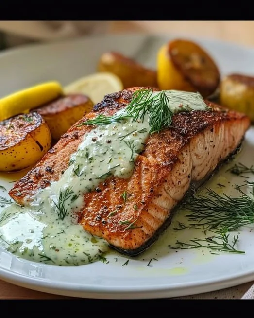 Seared Salmon with Lemon Dill Sauce 2 Seared salmon fillet served with lemon dill sauce on a plate