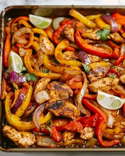 Sheet Pan Chicken Fajitas 2 Deliciously arranged sheet pan chicken fajitas with colorful peppers and onions