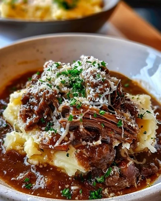 Short Rib Ragu with Parmesan Mashed Potatoes 2 Plate of short rib ragu with flavorful sauce and creamy Parmesan mashed potatoes