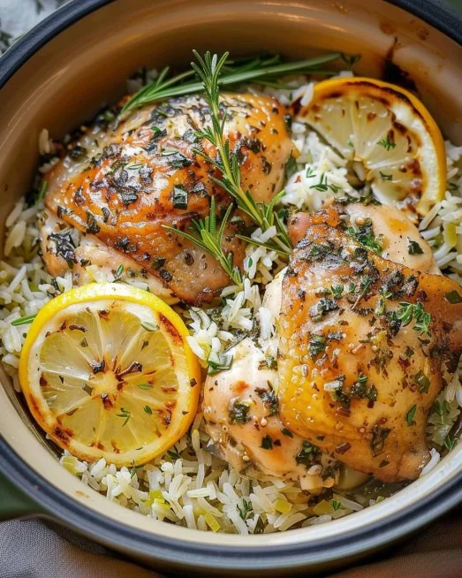 Slow Cooker Lemon Herb Chicken served with fluffy rice in a bowl