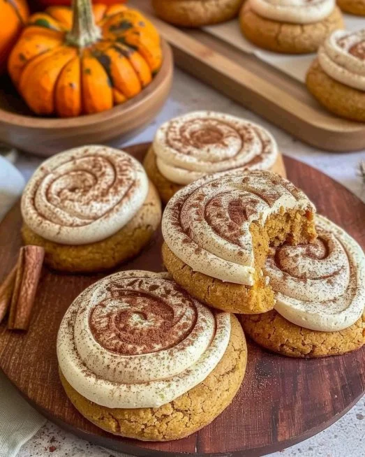 Soft Pumpkin Cookies with Cinnamon Frosting 2 Soft pumpkin cookies drizzled with cinnamon frosting on a rustic wooden table