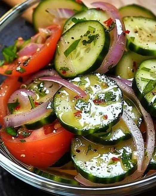 Spiced Cucumber, Onion, and Tomato Salad 7 Spiced cucumber salad with onions and tomatoes in a bowl