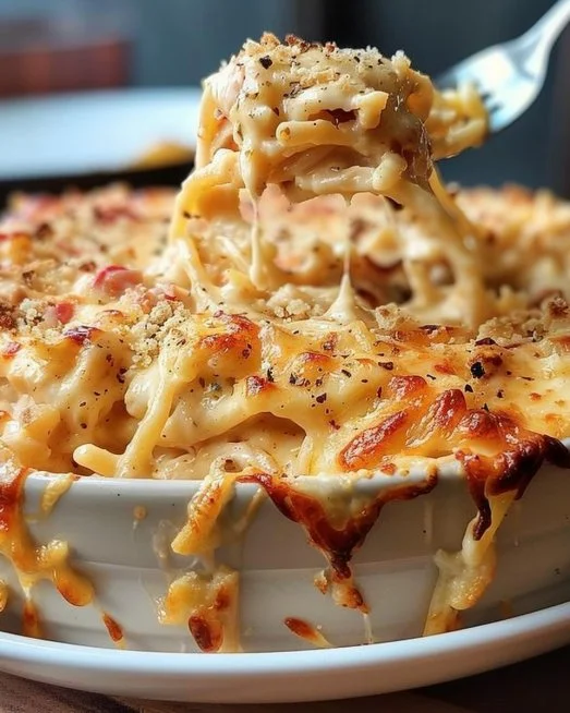 Spicy Southern Cheesy Chicken Spaghetti Casserole 2 Plate of Spicy Southern Cheesy Chicken Spaghetti Casserole garnished with herbs