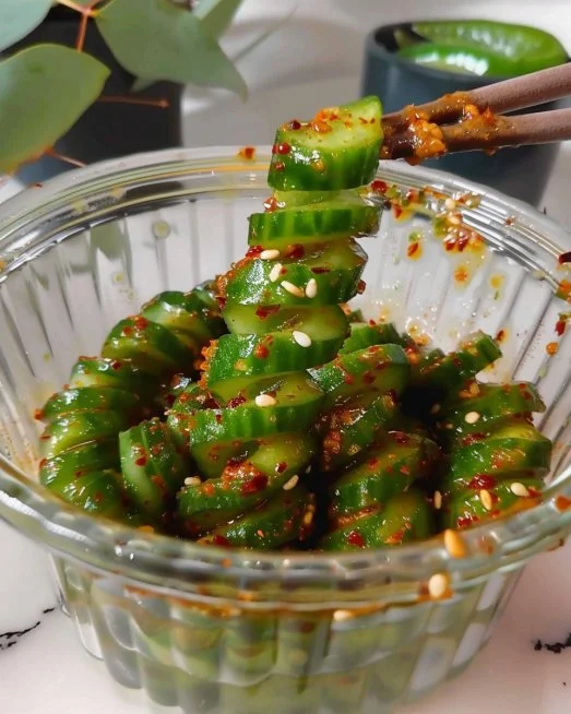 Spiral Cucumber Salad 2 Spiral Cucumber Salad with fresh ingredients in a bowl