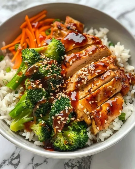 Sticky Chicken Bowls 2 Delicious Sticky Chicken Bowl with colorful vegetables and rice