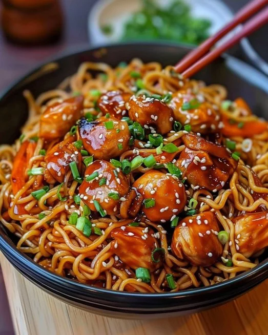 Sticky Garlic Chicken Noodles 2 Sticky Garlic Chicken Noodles with vibrant vegetables and juicy chicken