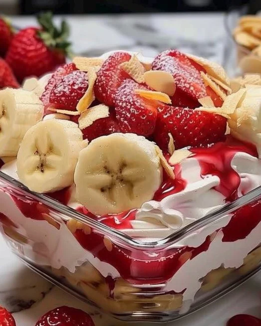 Delicious strawberry banana pudding dessert topped with fresh fruit.