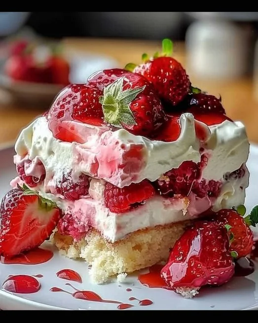 A slice of Strawberry Earthquake Cake topped with fresh strawberries and whipped cream.