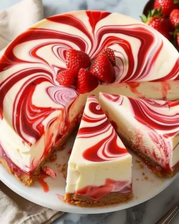 Delicious Strawberry Swirl Cheesecake topped with fresh strawberries and a creamy swirl