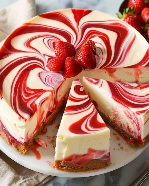Strawberry Swirl Cheesecake 2 Delicious Strawberry Swirl Cheesecake topped with fresh strawberries and a creamy swirl