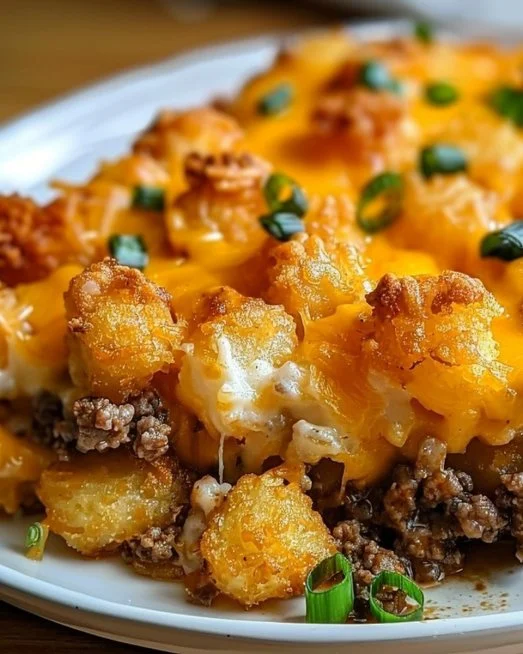 Tater Tot Casserole with Ground Beef 2 Tater Tot Casserole with Ground Beef topped with crispy tater tots