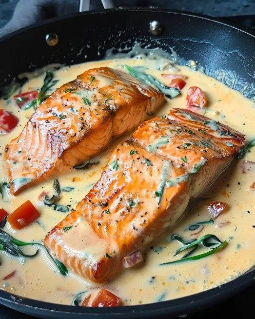 Delicious Tuscan Salmon garnished with herbs and fresh tomatoes