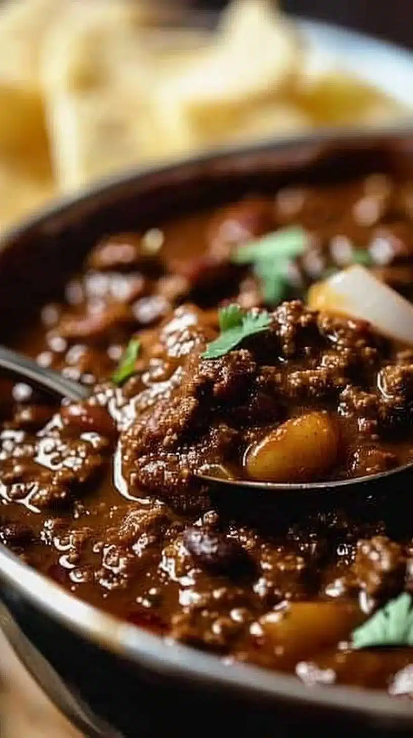 Authentic Texas Chili Recipe 2 A bowl of authentic Texas chili showcasing rich ingredients and spices