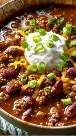 Delicious award-winning championship chili recipe in a bowl with toppings