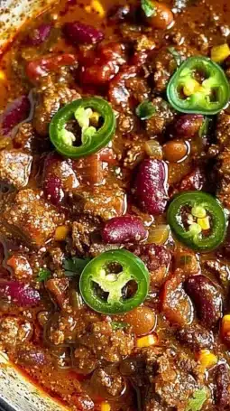 Delicious Beef and Chorizo Chili served in a bowl topped with fresh herbs.