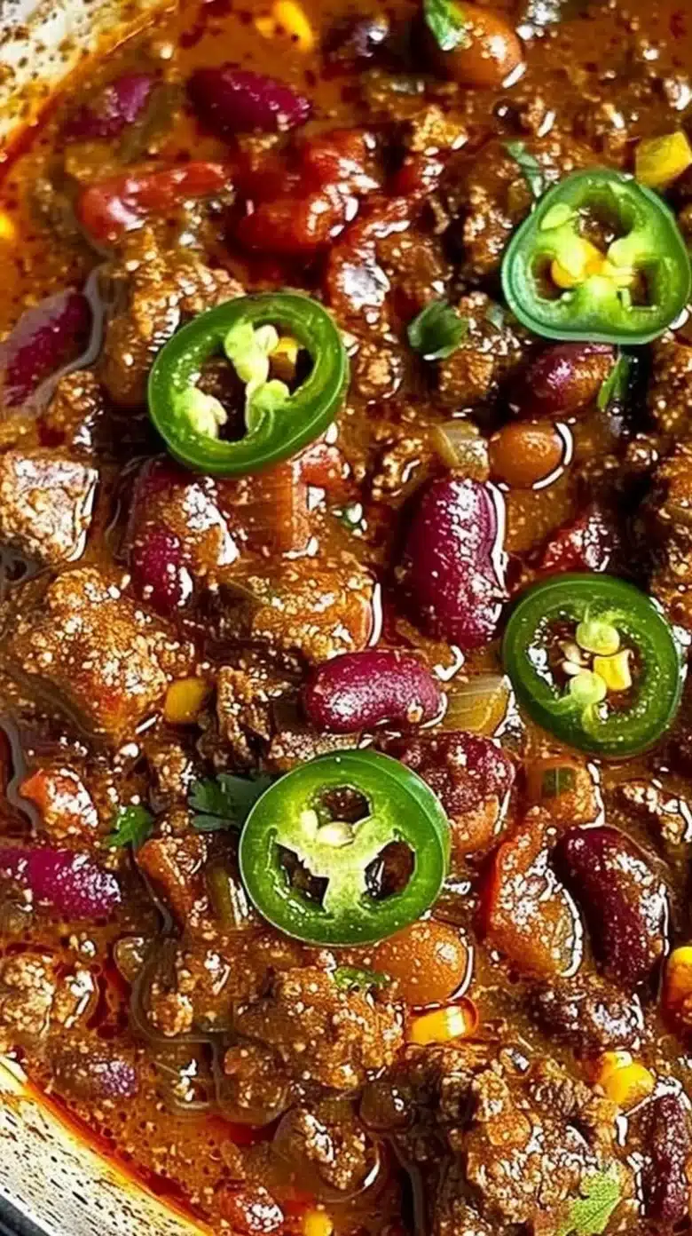 Delicious Beef and Chorizo Chili served in a bowl topped with fresh herbs.