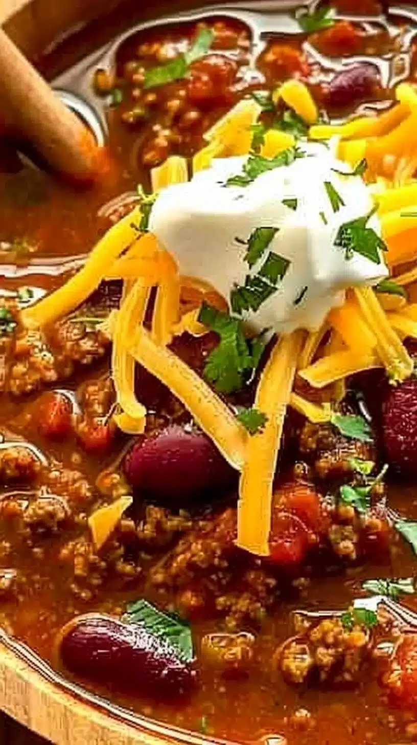 Bowl of the best homemade chili topped with cheese and herbs