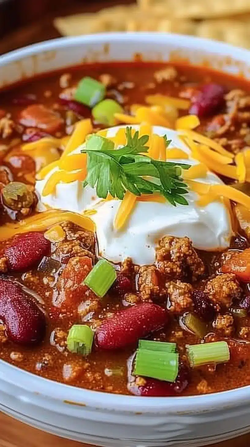 Bowl of hearty Crock Pot Chili topped with cheese and cilantro