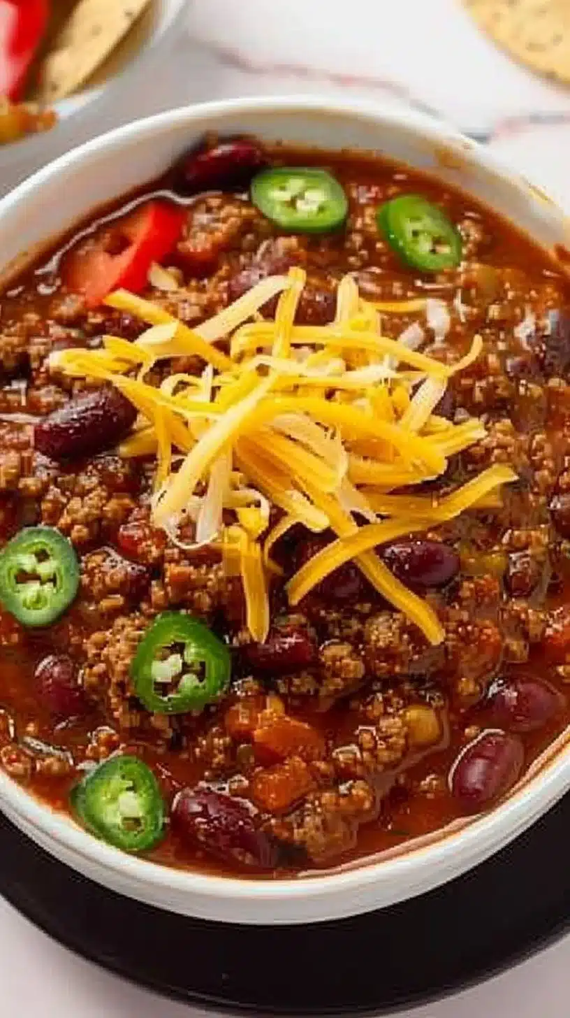 Crockpot Chili 2 Delicious bowl of Crockpot Chili served with toppings