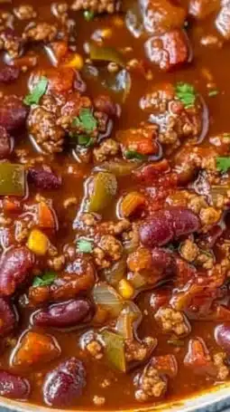 Bowl of easy chili topped with cheese and herbs