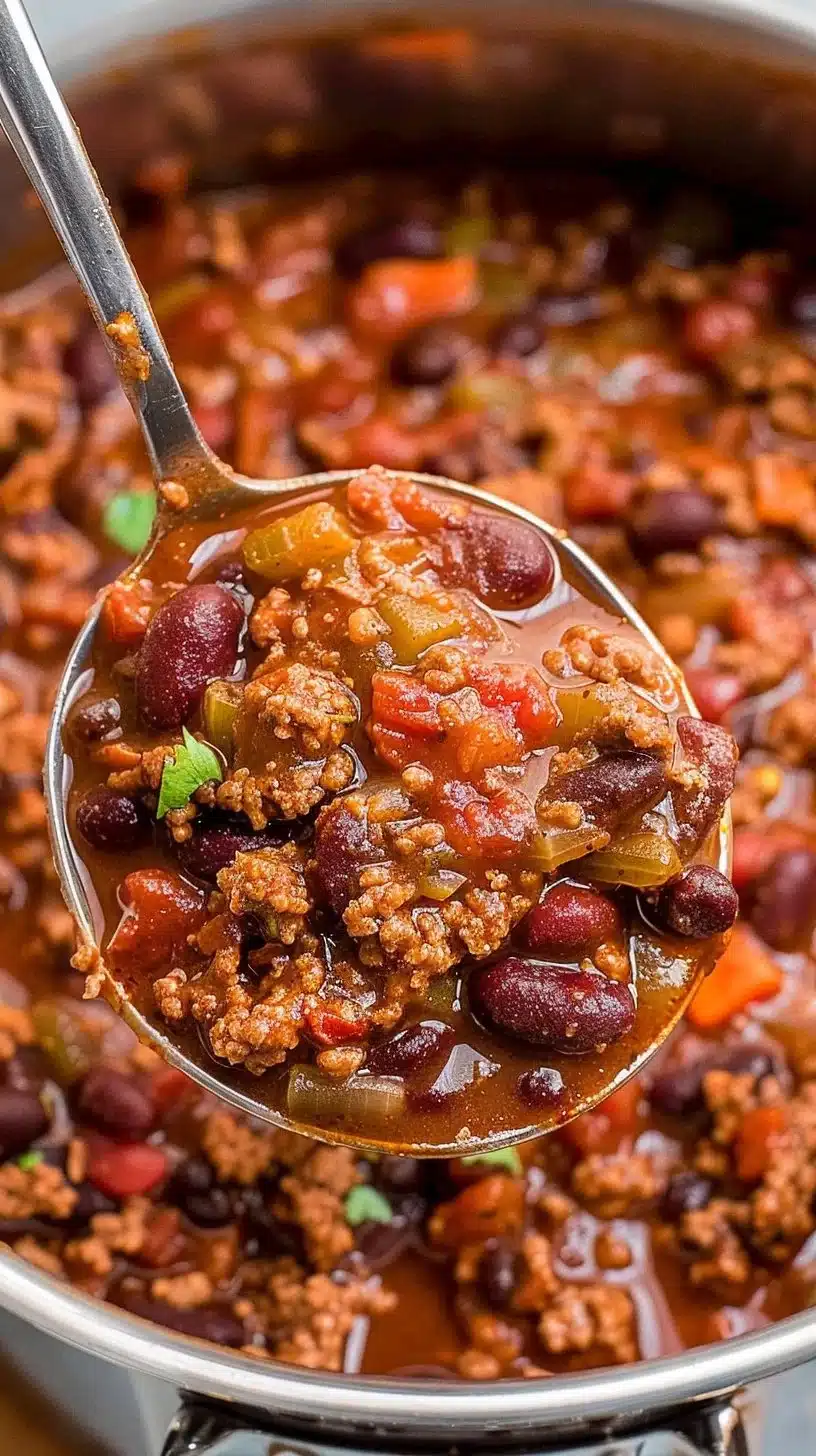 Easy Ground Beef Chili 2 Bowl of easy ground beef chili topped with cheese and fresh herbs