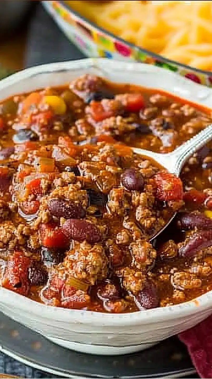 Bowl of first place chili topped with cilantro and cheese, ready to serve.