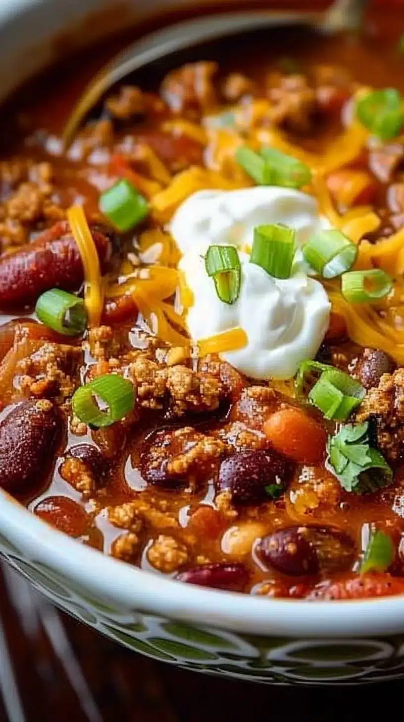 Bowl of hearty one-pot chili with beans and spices topped with cilantro