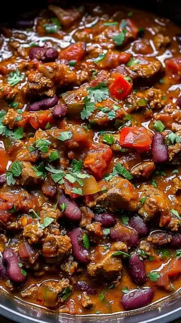 Bowl of spicy steak chili topped with fresh herbs and jalapeños.