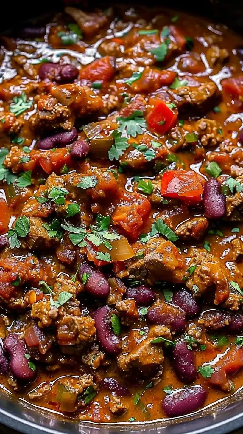 Bowl of spicy steak chili topped with fresh herbs and jalapeños.