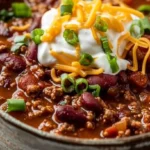 Delicious homemade stovetop chili in a pot garnished with fresh herbs