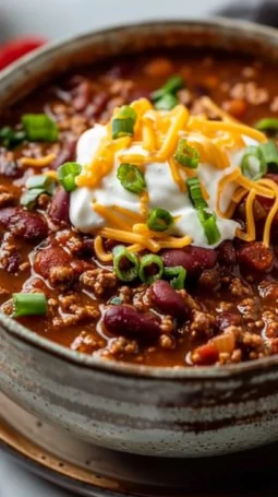 Delicious homemade stovetop chili in a pot garnished with fresh herbs