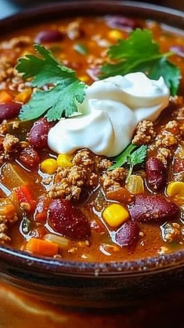 A bowl of The Pioneer Woman's delicious chili, garnished with fresh herbs.